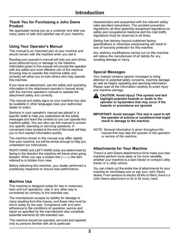 K&ouml;nnte beinhalten: Eine Seite aus einem John Deere Produkthandbuch mit dem Abschnitt "Einf&uuml;hrung". Der Text behandelt Maschinenbedienung, Sicherheit und Zubeh&ouml;r. Das Handbuch enth&auml;lt Sicherheitshinweise und wichtige Anmerkungen f&uuml;r den Benutzer.