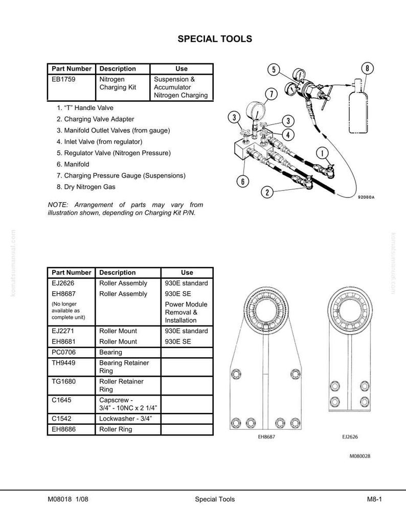 May include: Diagram of special tools, including a nitrogen charging kit with a "T" handle valve, charging valve adapter, and pressure gauge. Also shown are roller assemblies, roller mounts, bearings, and retaining rings. Text includes part numbers and descriptions.
