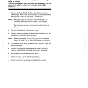 May include: A page from a manual with instructions for backhoe maintenance. The text includes safety warnings about hydraulic pressure and detailed steps for removing and replacing hydraulic components. The document is labeled "Attachment" and "Backhoe".