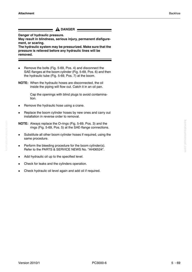 May include: A page from a manual with instructions for backhoe maintenance. The text includes safety warnings about hydraulic pressure and detailed steps for removing and replacing hydraulic components. The document is labeled "Attachment" and "Backhoe".