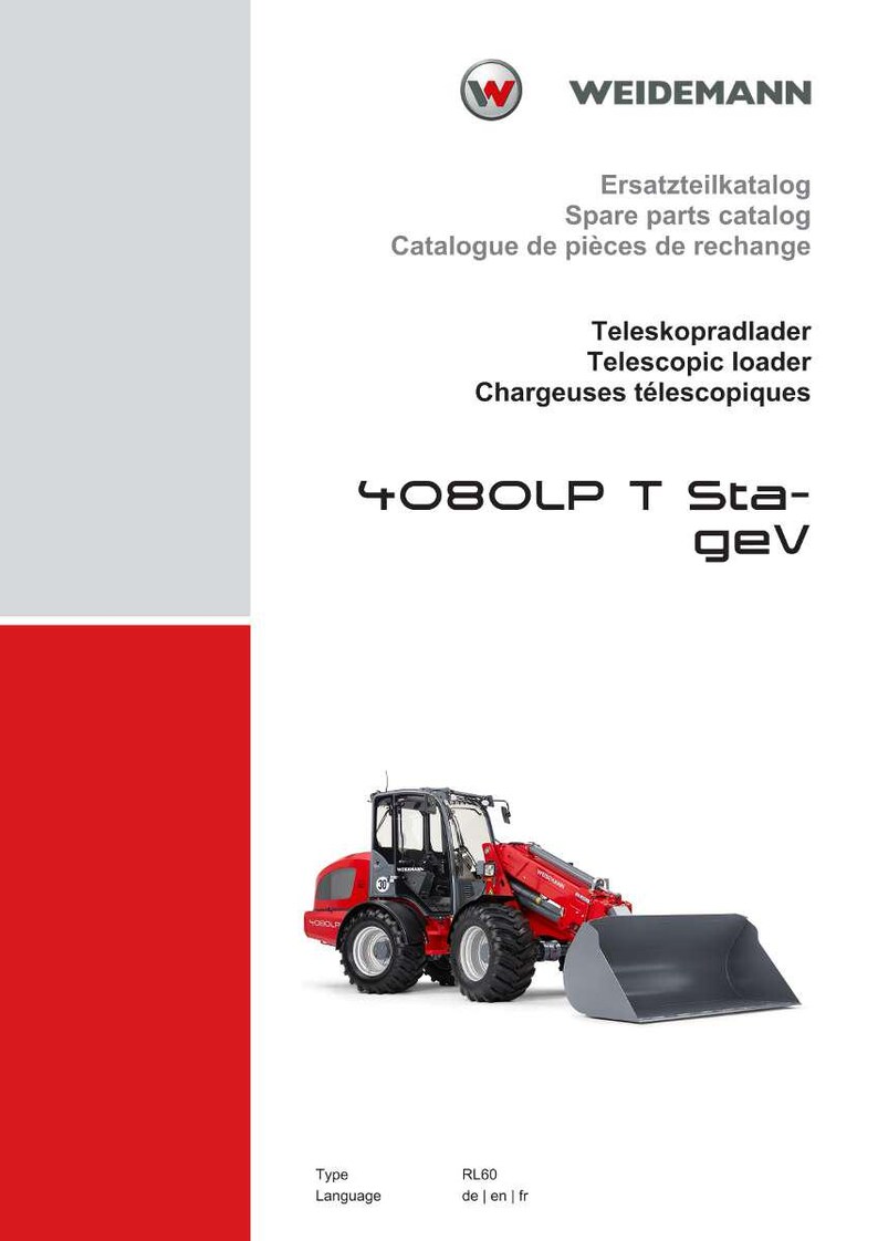 K&ouml;nnte beinhalten: Ein roter und grauer Teleskoplader, Modell 4080LP T Stagev, mit einer gro&szlig;en Schaufel. Das Bild stammt aus einem Weidemann Ersatzteilkatalog mit Text in Deutsch, Englisch und Franz&ouml;sisch.