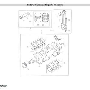 K&ouml;nnte beinhalten: Technische Zeichnung von Kurbelwellenkomponenten, einschlie&szlig;lich Kurbelwelle, Kolben, Pleuelstangen und Lagern. Das Bild ist eine technische Illustration mit Beschriftungen und Nummern, und der Text "Kurbelwelle Crankshaft Cig&uuml;e&ntilde;al Vilebrequin" steht oben.