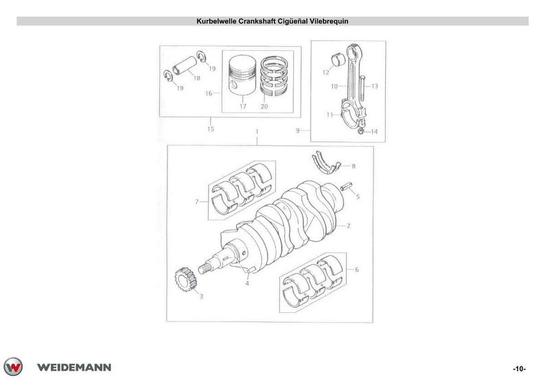 K&ouml;nnte beinhalten: Technische Zeichnung von Kurbelwellenkomponenten, einschlie&szlig;lich Kurbelwelle, Kolben, Pleuelstangen und Lagern. Das Bild ist eine technische Illustration mit Beschriftungen und Nummern, und der Text "Kurbelwelle Crankshaft Cig&uuml;e&ntilde;al Vilebrequin" steht oben.