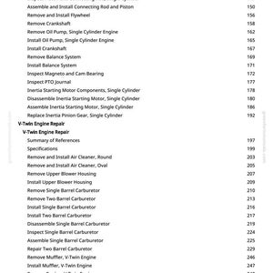 Puede incluir: Una p&aacute;gina de manual con una lista de procedimientos de reparaci&oacute;n de motores. El texto incluye instrucciones para reparaciones de motores individuales y V-Twin, como la limpieza de orificios de cilindros y la extracci&oacute;n de carburadores.