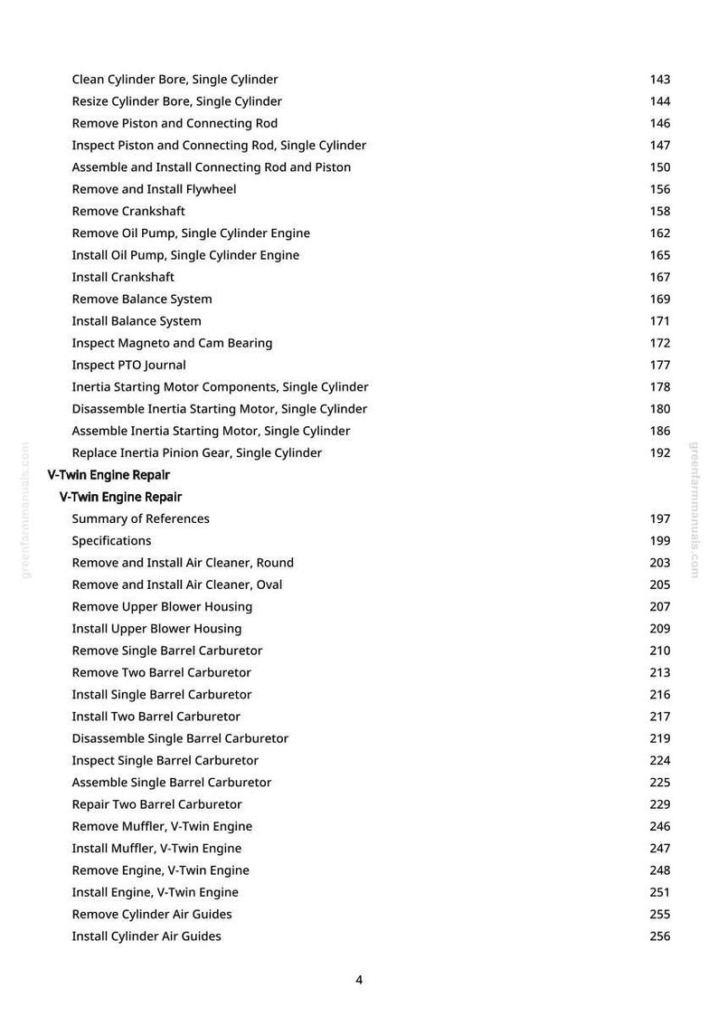 Puede incluir: Una p&aacute;gina de manual con una lista de procedimientos de reparaci&oacute;n de motores. El texto incluye instrucciones para reparaciones de motores individuales y V-Twin, como la limpieza de orificios de cilindros y la extracci&oacute;n de carburadores.