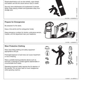 May include: Safety guidelines graphic with three sections: Store Attachments Safely, Prepare for Emergencies, and Wear Protective Clothing. Includes illustrations of falling objects, a first aid kit, and safety gear.