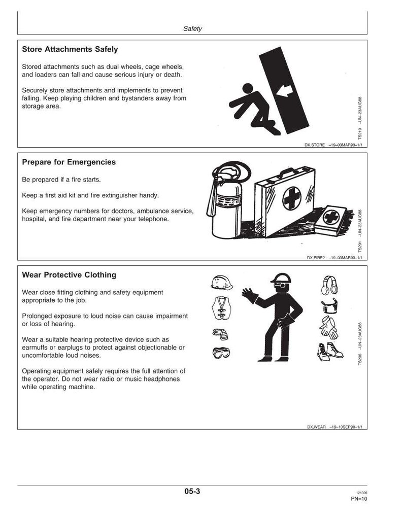 May include: Safety guidelines graphic with three sections: Store Attachments Safely, Prepare for Emergencies, and Wear Protective Clothing. Includes illustrations of falling objects, a first aid kit, and safety gear.