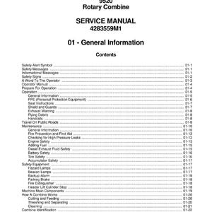 K&ouml;nnte beinhalten: Servicehandbuch f&uuml;r eine Massey Ferguson 9520 Rotary Combine. Das Cover zeigt das Massey Ferguson Logo, Modellinformationen und den Titel "SERVICE MANUAL". Das Inhaltsverzeichnis ist ebenfalls sichtbar.
