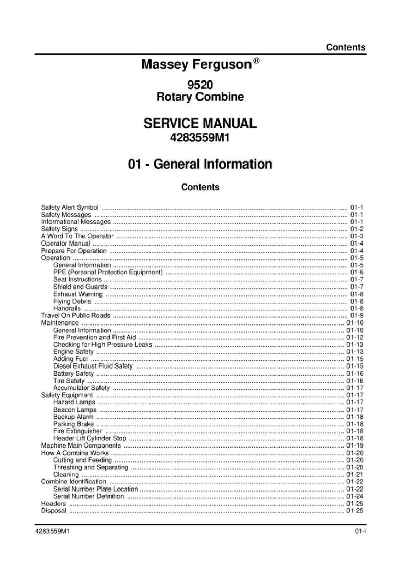 K&ouml;nnte beinhalten: Servicehandbuch f&uuml;r eine Massey Ferguson 9520 Rotary Combine. Das Cover zeigt das Massey Ferguson Logo, Modellinformationen und den Titel "SERVICE MANUAL". Das Inhaltsverzeichnis ist ebenfalls sichtbar.
