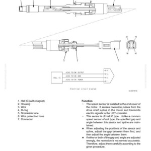 May include: Technical diagram of a speed sensor, labeled with numbered components including Hall IC, housing, wire, O-ring, shrinkable tube, wire protection hose, and connector. The diagram includes an electrical circuit diagram and text describing the sensor's function.