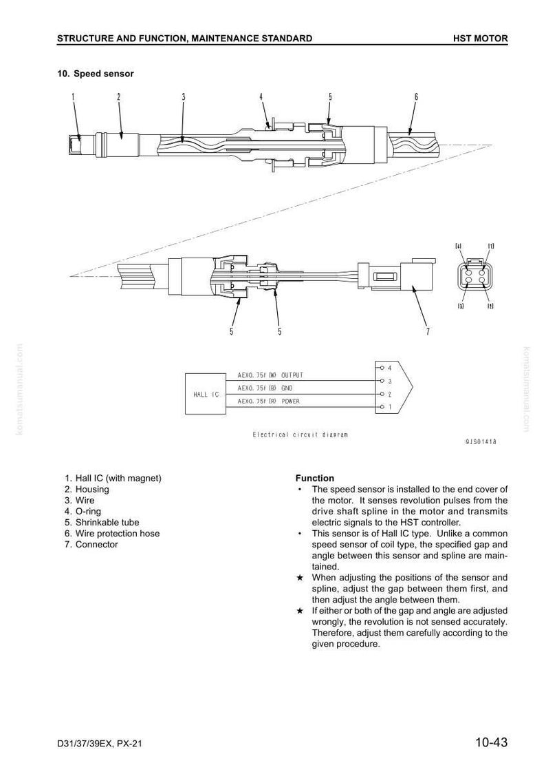 May include: Technical diagram of a speed sensor, labeled with numbered components including Hall IC, housing, wire, O-ring, shrinkable tube, wire protection hose, and connector. The diagram includes an electrical circuit diagram and text describing the sensor's function.
