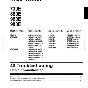 May include: Shop manual for a Dump Truck, featuring model numbers 730E, 860E, 960E, and 980E. Includes troubleshooting information for cab air conditioning, with a Komatsu logo at the bottom. The document is labeled CEN40008-02.