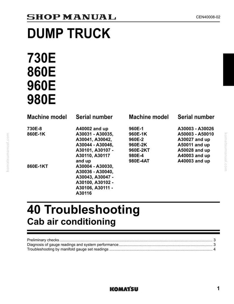 May include: Shop manual for a Dump Truck, featuring model numbers 730E, 860E, 960E, and 980E. Includes troubleshooting information for cab air conditioning, with a Komatsu logo at the bottom. The document is labeled CEN40008-02.