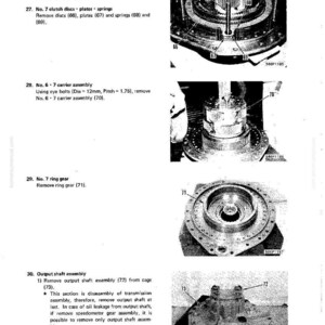 May include: Technical diagram with detailed instructions for disassembling a mechanical component. The image shows various parts labeled with numbers, including guide pins, clutch discs, and ring gears. Text instructions are also included.