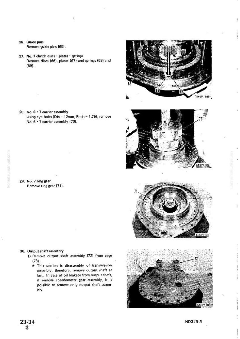 May include: Technical diagram with detailed instructions for disassembling a mechanical component. The image shows various parts labeled with numbers, including guide pins, clutch discs, and ring gears. Text instructions are also included.