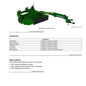 May include: An illustration of a green S300 Mower-Conditioner, a piece of agricultural equipment. The image includes text detailing trademarks and abbreviations, such as PIN and RPM. The equipment is designed for agricultural use.