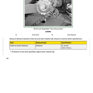 May include: Diagram of a MegaWide Plus Pickup showing chain and chain retainer. The text indicates the distance between the chain and chain retainer should be between 1/8 and 1/4 inches.
