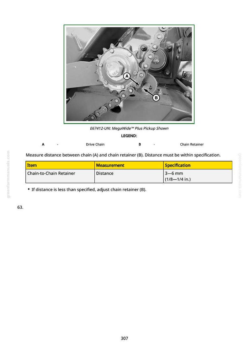 May include: Diagram of a MegaWide Plus Pickup showing chain and chain retainer. The text indicates the distance between the chain and chain retainer should be between 1/8 and 1/4 inches.
