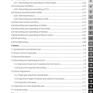 Op de afbeelding: Een pagina uit een handleiding voor ARGO-tractoren, met details over verschillende mechanische procedures. De inhoudsopgave bevat secties over het demonteren en monteren van motoronderdelen, koppelingsafstellingen en stuursystemen. Het document is gelabeld DISCOVERY II P/N 6754269A1.