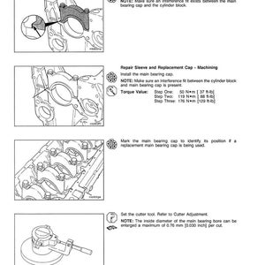 May include: Technical diagram of a cylinder block with detailed instructions. The image includes diagrams of the main bearing cap installation, repair sleeve, and machining steps. Torque values are provided in both Newton-meters and foot-pounds.