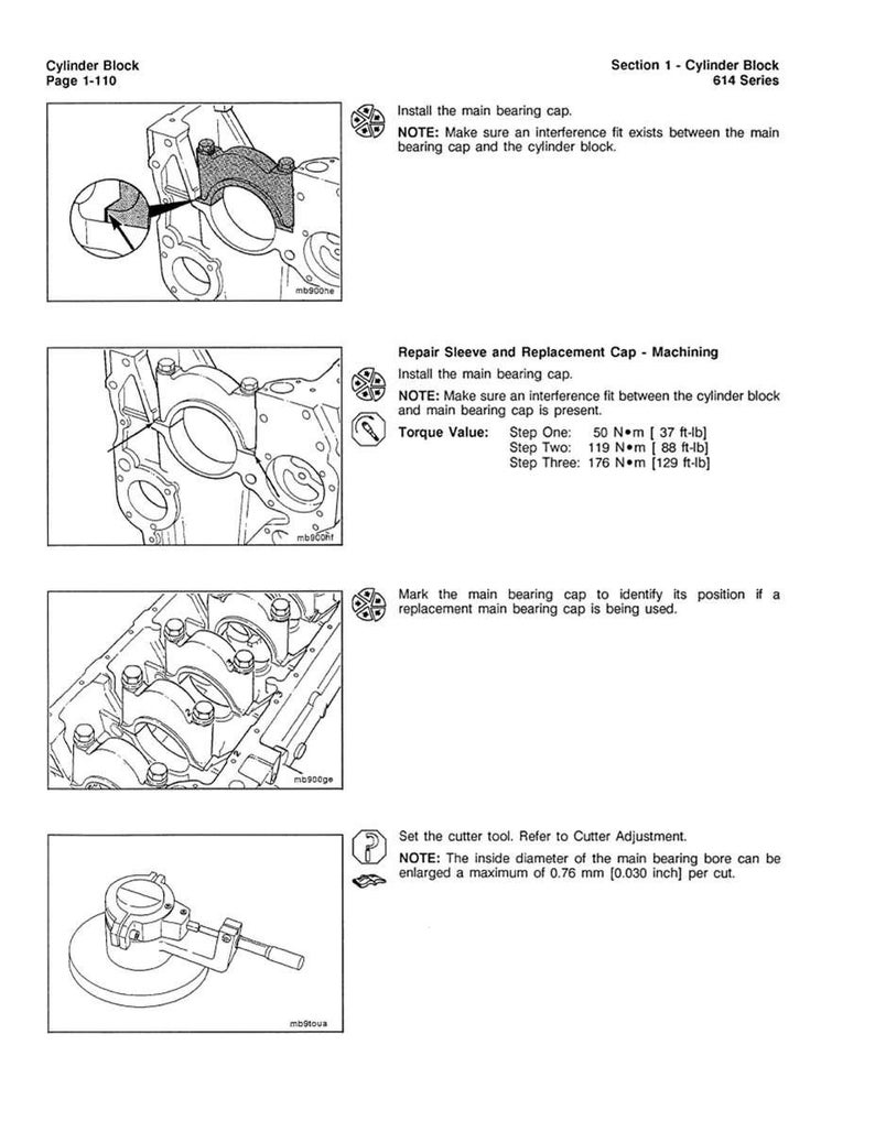May include: Technical diagram of a cylinder block with detailed instructions. The image includes diagrams of the main bearing cap installation, repair sleeve, and machining steps. Torque values are provided in both Newton-meters and foot-pounds.