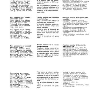 May include: A manual page detailing hydraulic pump pressure testing procedures. Instructions cover engine operation, pressure checks, and fault diagnosis. Measurements are in bar.