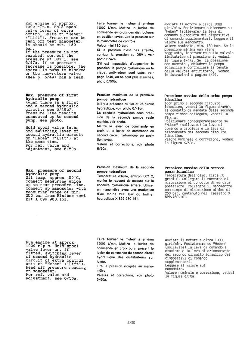May include: A manual page detailing hydraulic pump pressure testing procedures. Instructions cover engine operation, pressure checks, and fault diagnosis. Measurements are in bar.