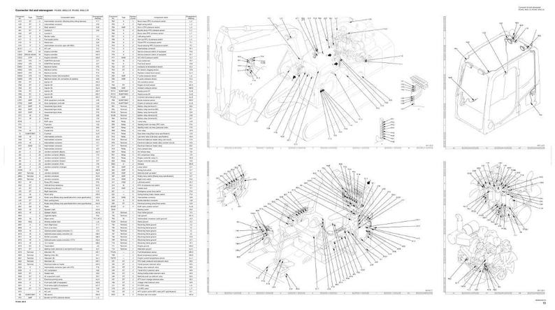 May include: Diagrams of vehicle components, including engine and cabin schematics, with labels and connection lines. A parts list is on the left side of the image.