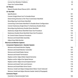 May include: A detailed table of contents from a manual, listing various automotive repair procedures. Sections include fan assembly, air plenum, air manifold, and electrical systems. The text is in black on a white background.