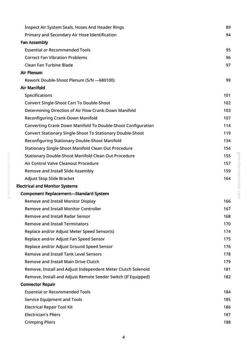 May include: A detailed table of contents from a manual, listing various automotive repair procedures. Sections include fan assembly, air plenum, air manifold, and electrical systems. The text is in black on a white background.