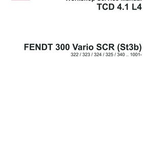 K&ouml;nnte beinhalten: Ein wei&szlig;es Dokument mit dem DEUTZ-Logo und Text. Es ist ein Werkstatthandbuch f&uuml;r TCD 4.1 L4 Motoren und FENDT 300 Vario SCR (St3b) Modelle. Enth&auml;lt Modellnummern und einen Haftungsausschluss.