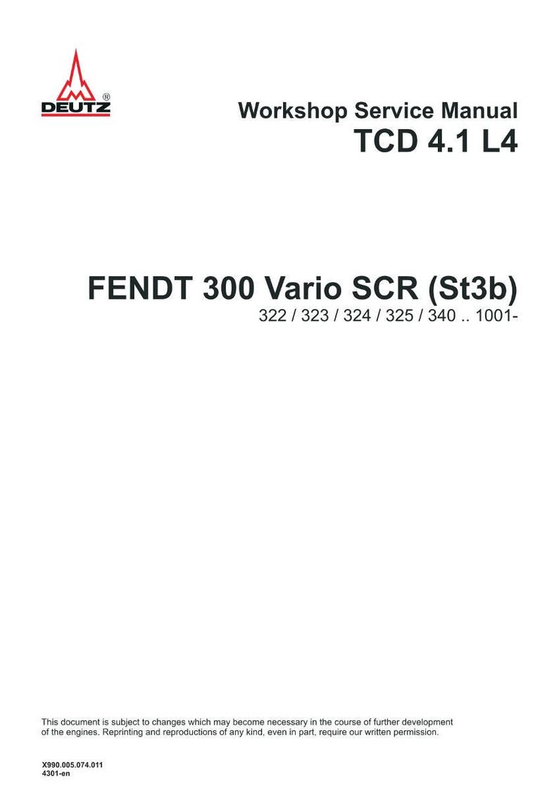 K&ouml;nnte beinhalten: Ein wei&szlig;es Dokument mit dem DEUTZ-Logo und Text. Es ist ein Werkstatthandbuch f&uuml;r TCD 4.1 L4 Motoren und FENDT 300 Vario SCR (St3b) Modelle. Enth&auml;lt Modellnummern und einen Haftungsausschluss.