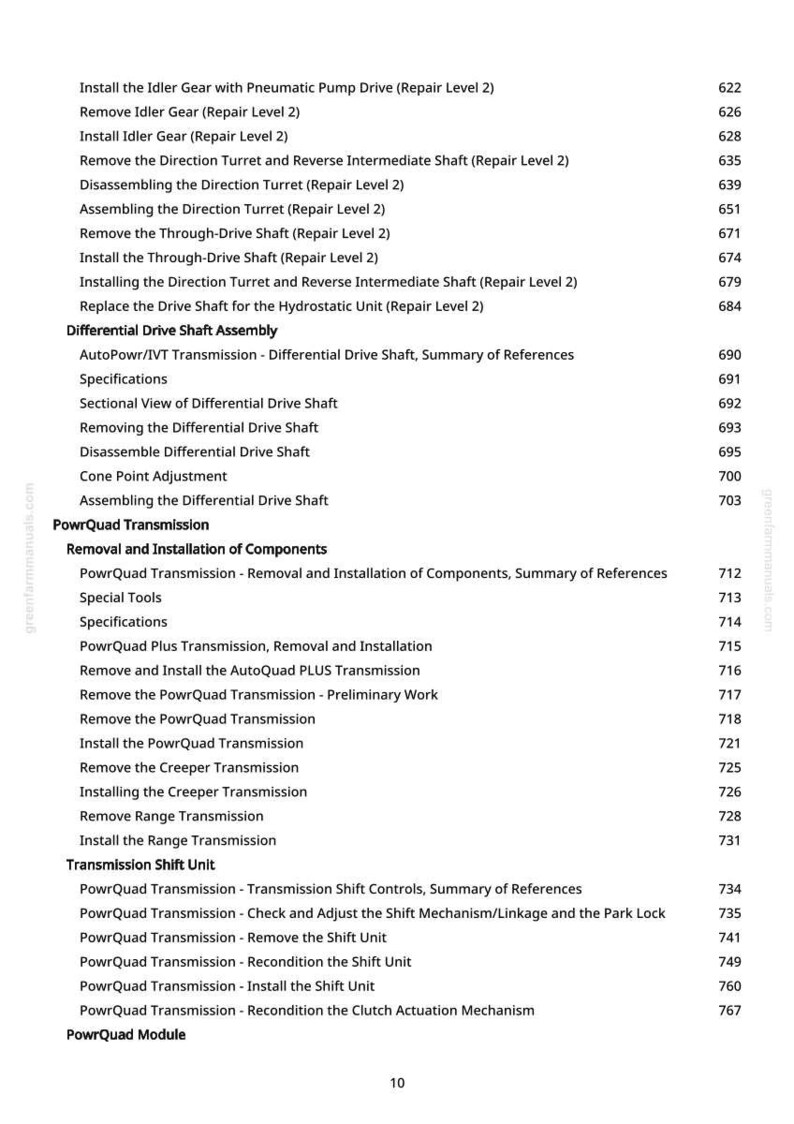 May include: A page from a manual with a list of mechanical repair procedures, including "Install the Idler Gear" and "Remove the Direction Turret." The text is black on a white background, with page numbers on the right. The manual is for PowrQuad Transmission.
