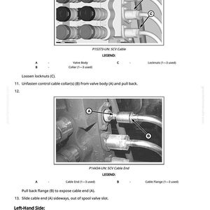 Op de afbeelding: Technisch diagram van een SCV-kabelassemblage met labels en pijlen. De afbeelding bevat tekstlabels zoals "Valve Body" en "Cable End". Het diagram is in zwart en wit.