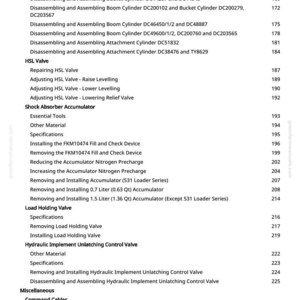 Pode incluir: Uma p&aacute;gina branca com um &iacute;ndice detalhado para um manual. O texto inclui se&ccedil;&otilde;es sobre cilindros de balde, v&aacute;lvulas, acumuladores e sistemas hidr&aacute;ulicos, com n&uacute;meros de p&aacute;gina &agrave; direita.