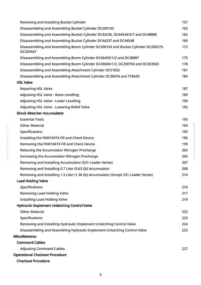 Pode incluir: Uma p&aacute;gina branca com um &iacute;ndice detalhado para um manual. O texto inclui se&ccedil;&otilde;es sobre cilindros de balde, v&aacute;lvulas, acumuladores e sistemas hidr&aacute;ulicos, com n&uacute;meros de p&aacute;gina &agrave; direita.