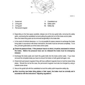 May include: An exploded diagram of a mechanical component, likely part of a vehicle's braking system. The image includes labels for guide bolts, lining pads, a permanent magnet, castellated nut, safety splint, and safety clip. Instructions are also included.
