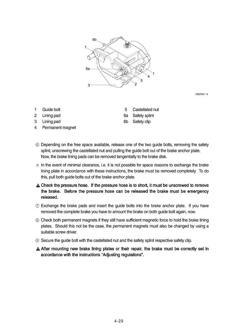 May include: An exploded diagram of a mechanical component, likely part of a vehicle's braking system. The image includes labels for guide bolts, lining pads, a permanent magnet, castellated nut, safety splint, and safety clip. Instructions are also included.