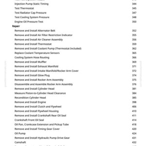May include: A page from a repair manual with a list of automotive repair procedures, including engine and fuel system tests, and component removal and installation instructions. The page includes a table of contents with page numbers.