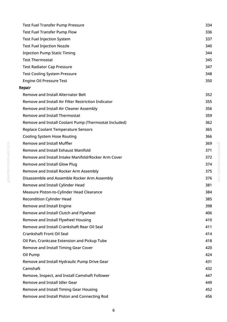 May include: A page from a repair manual with a list of automotive repair procedures, including engine and fuel system tests, and component removal and installation instructions. The page includes a table of contents with page numbers.