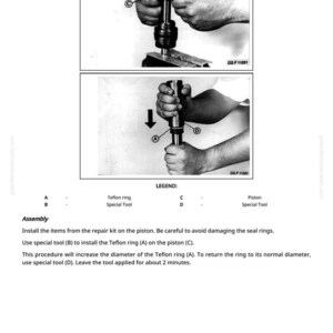 May include: Two black and white diagrams illustrate the assembly of a piston with special tools. The diagrams show hands manipulating tools to install a Teflon ring. Text labels identify parts and steps.