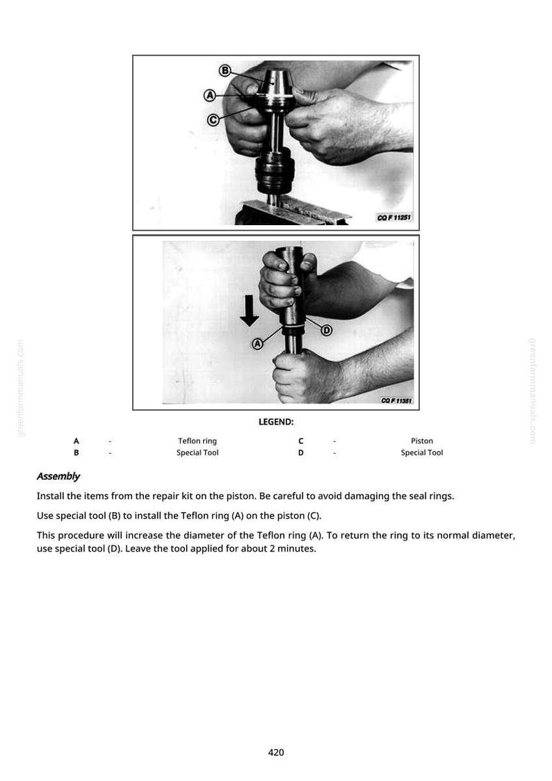 May include: Two black and white diagrams illustrate the assembly of a piston with special tools. The diagrams show hands manipulating tools to install a Teflon ring. Text labels identify parts and steps.