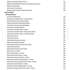 May include: A detailed table of contents from a manual, listing various automotive electrical repair topics. Sections include wiring harnesses, sensors, and related components, with page numbers for easy reference.