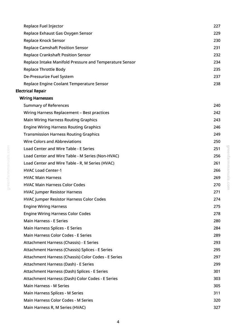 May include: A detailed table of contents from a manual, listing various automotive electrical repair topics. Sections include wiring harnesses, sensors, and related components, with page numbers for easy reference.