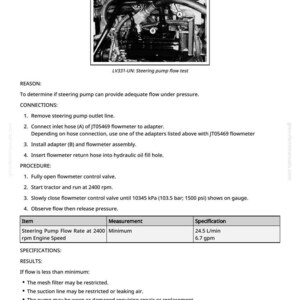 May include: Diagram of a steering pump flow test, including a photo of the pump and instructions. The text includes steps for connecting hoses, running the engine at 2400 rpm, and observing flow. Specifications are provided in L/min and gpm.