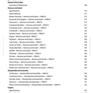 May include: A page from a repair manual with a table of contents for engine repair. The text includes sections on removing, installing, and disassembling engine components, such as the carburetor and cylinder head.