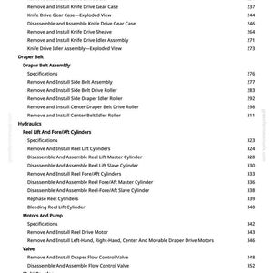 May include: A page from a manual with a table of contents. The text includes sections on tools, belts, hydraulics, motors, and valves. Page numbers are listed on the right side. The website greenfarmmanuals.com is visible.