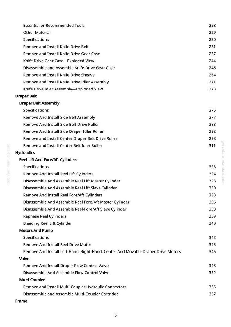 May include: A page from a manual with a table of contents. The text includes sections on tools, belts, hydraulics, motors, and valves. Page numbers are listed on the right side. The website greenfarmmanuals.com is visible.