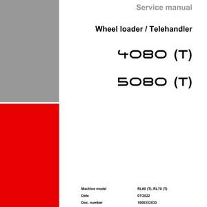Peut inclure: Manuel d'entretien pour les chargeuses sur pneus et les t&eacute;lescopiques Weidemann, mod&egrave;les 4080 (T) et 5080 (T). Le document comprend le mod&egrave;le de machine, la date, le num&eacute;ro de document et la langue. Le logo Weidemann est en haut.