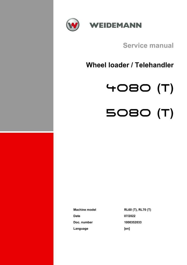 Peut inclure: Manuel d'entretien pour les chargeuses sur pneus et les t&eacute;lescopiques Weidemann, mod&egrave;les 4080 (T) et 5080 (T). Le document comprend le mod&egrave;le de machine, la date, le num&eacute;ro de document et la langue. Le logo Weidemann est en haut.